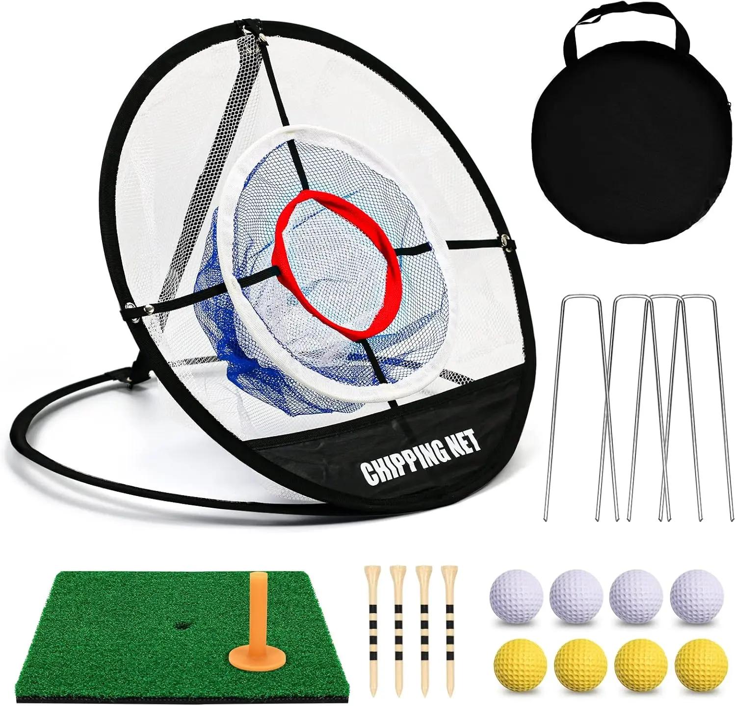 Pop Up Golf Chipping Net & Mat, Target Practice Set - 8 Balls, 4 Tees, Collapsible for Indoor/Outdoor Swing