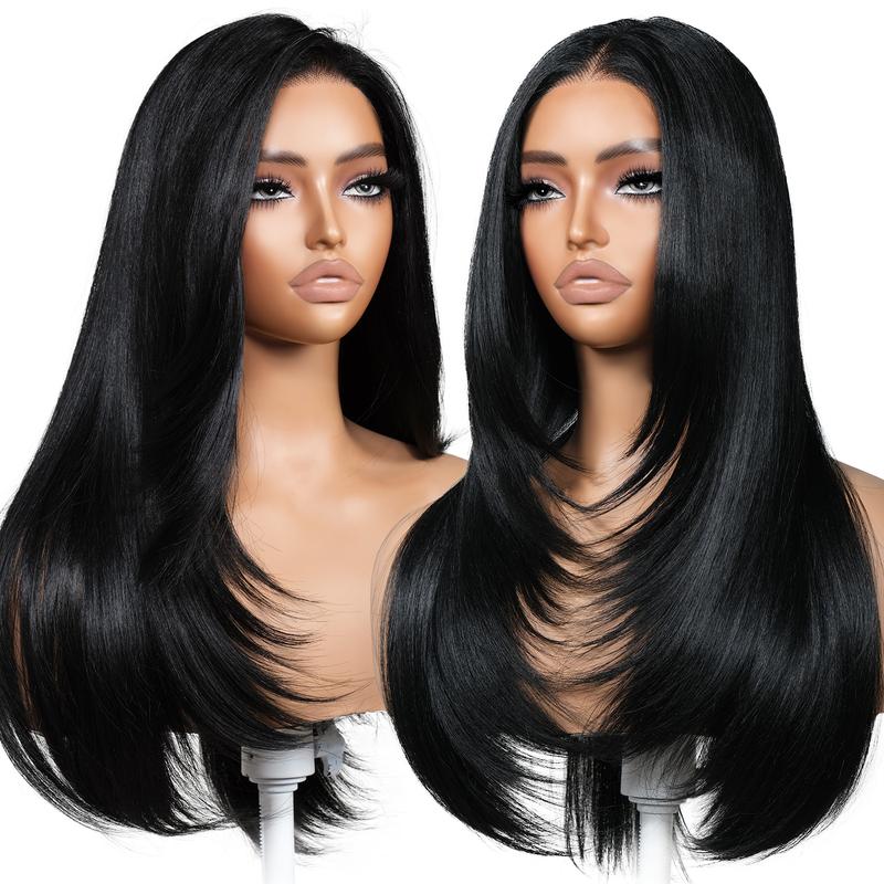 BrownBomb 13x6 Glueless Lace Front Layered Wig 26 Inch Pre Plucked Pre Cut Synthetic Hair 220% Density with Bangs Vivid Self Growing Clean Hairline 3 Second Wear for Daily Use and Wig Night