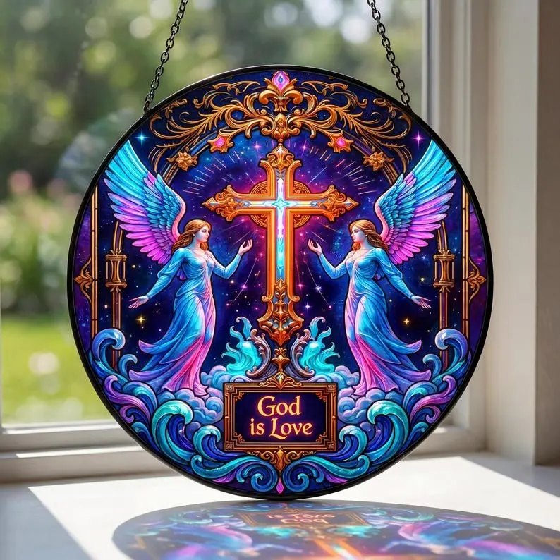 God Is Love Stained Glass Suncatcher, Christian Cross Angel Window Hanging, Religious Faith Decor, Spiritual Gift, Church Home Art
