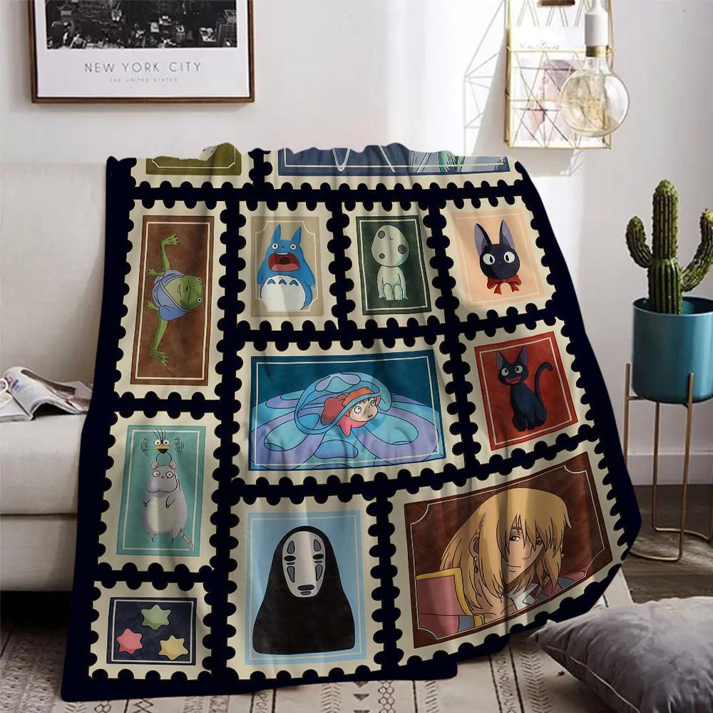 Retro Ghibli Blanket Soot Sprites Flannel Blanket Ghibli All Characters Stamp Blanket Mononoke Soft Warm Throw For Gamer Room Decor Dorm Essential Bed Sofa Home Gift