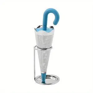 1pc Reusable Umbrella Tea Infuser With Drip Tray For Tea Cups, Mugs And Teapots, Stainless Steel Fine Mesh Tea Strainer With Silicone Lid For Loose Tea