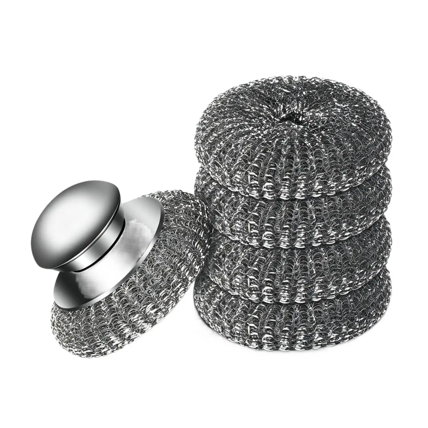 5Pcs Steel Wool Scrubber with Replacement Wire Sponge Pads Set, Stainless Steel Scrubber with Handle for Scouring Stubborn Messes from Cast Iron, Pots, Pans, Grill, Stoves, Sink(1 Scrubber+4 Pads)