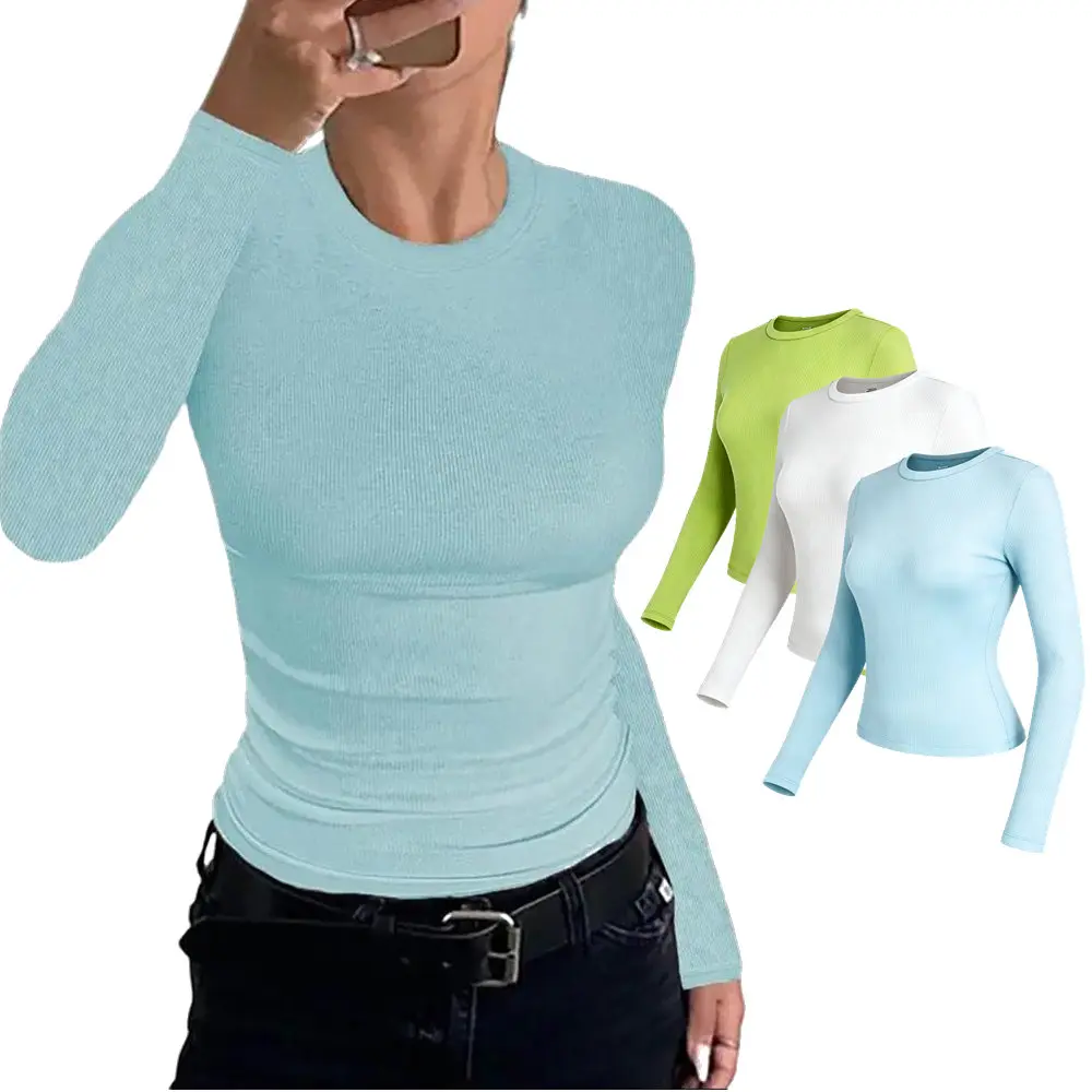 EncoLax Women's 3-Piece Ribbed Long Sleeve Basic Top - Soft Stretch Crewneck Shirt for Work & Casual