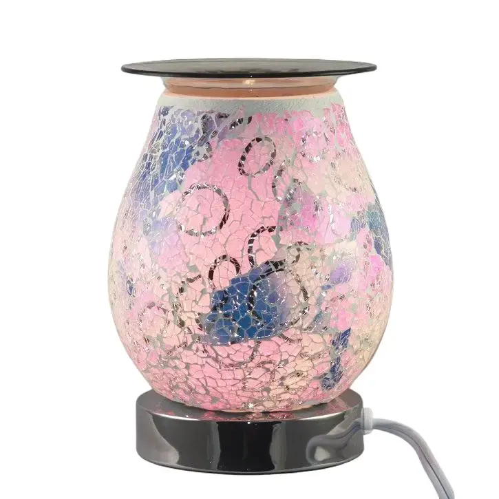 Elegant Pink Glass Crackle Oil Burner with Durable Electric Heating Plate & 3-Level Dimmer Switch for Fragrance & Aromatherapy Light Room