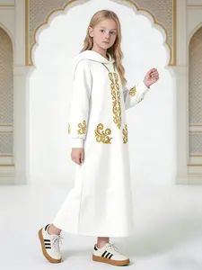 Long Muslim Robe, with Gold Court Scroll Pattern, Hooded Lantern Sleeves, No Lining, Overcoat Style