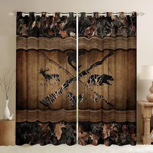 Feelyou Velvet Fabric Blackout Window Curtains, Farmhouse Look Rustic Retro Camo Design, High-Definition Wildlife Bear Deer Fish Duck Prints, Multi-Size Set of 2 Drapes for Boys Cabin Lodge Hunting Decor
