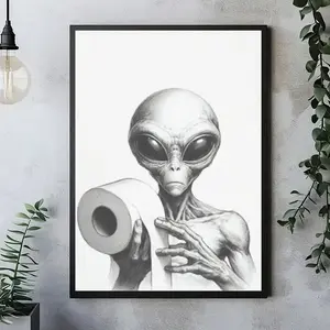 1pc, Frameless, , Alien Holding Toilet Paper, Funny Canvas Wall Decor, Home Bedroom Kitchen Living Room Bathroom, Hotel Cafe Office Room Decor Artwork Canvas Wall Art Poster, Perfect for Room Decor