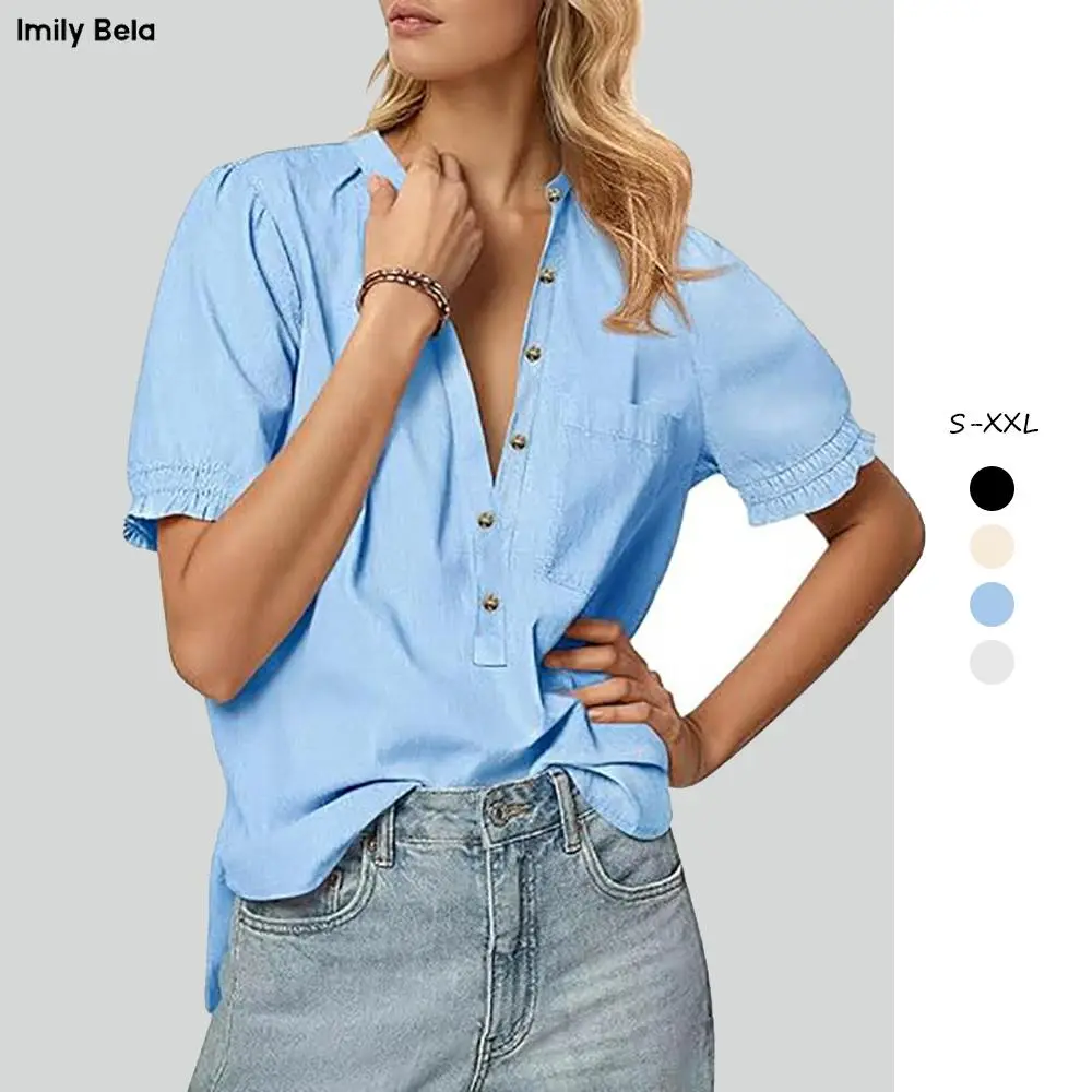 Imily Bela Office Aesthetic Blouse - Puff Sleeve Collared Shirt with Half Button Detail | Summer Work Top