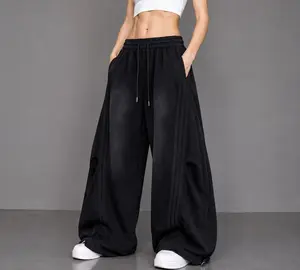 Flooo 2026 New Arrival Black American‑Style Side‑Striped Casual Pants for Women, Trendy Spliced Draping Wide‑Leg Sweatpants