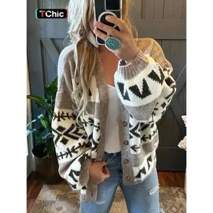 Women's Patchwork?Geometric Print Button Front Cardigan, Casual Drop Shoulder Lantern Sleeve Knitwear for?Fall, Fashion Ladies' Knit Clothing for Daily Wear