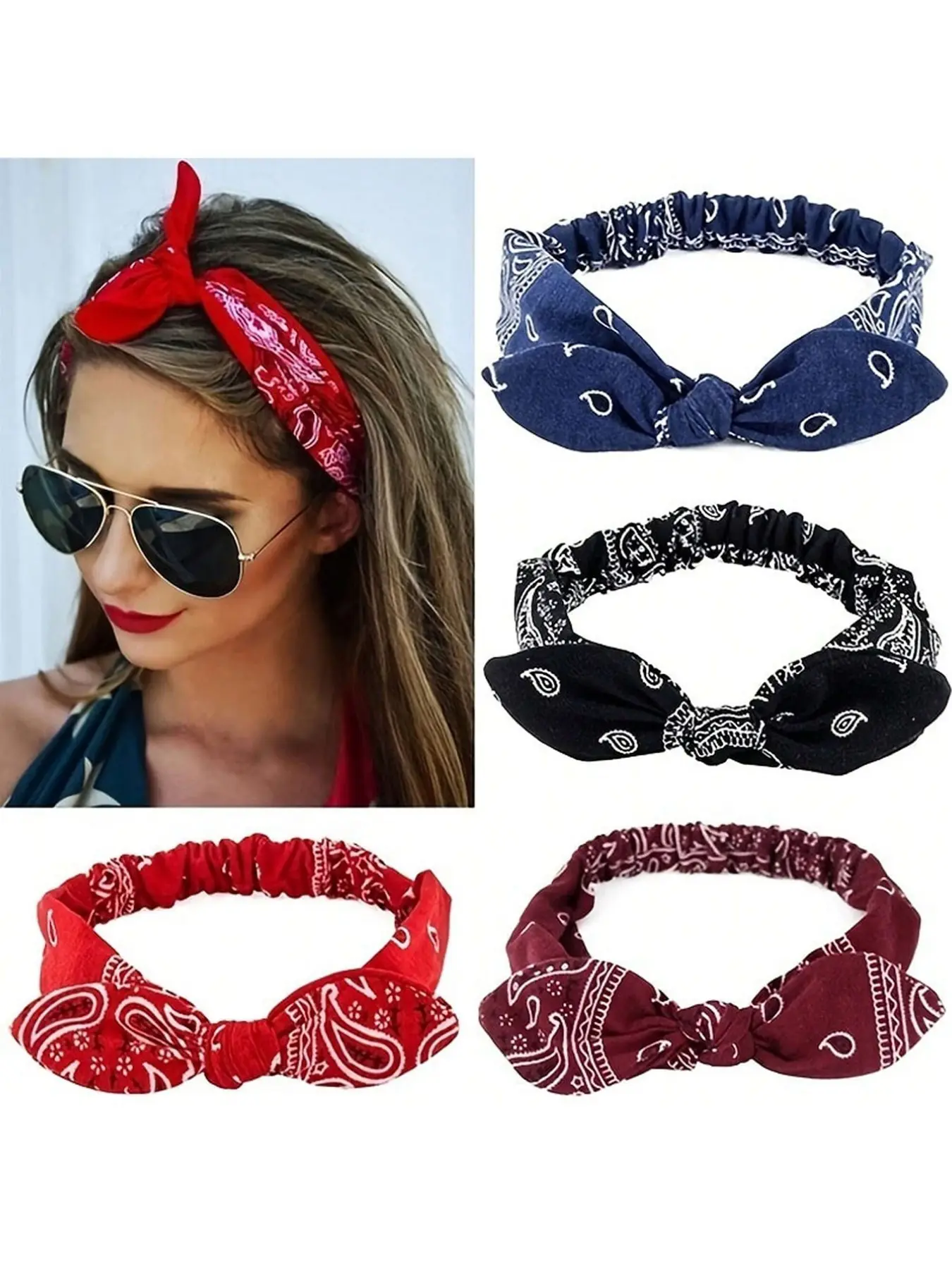 4pcs Boho Style Paisley Pattern Hair Band, Boho Stretch Headbands, Paisley Pattern Printed Headband Vintage Bow Elastic Hairband, Women's Headwrap With Paisley Flower And Rabbit Ears For Festival Decoration Halloween Fashion Hair Accessories