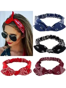 4pcs Boho Style Paisley Pattern Hair Band, Paisley-Pattern-Printed-Headband-Vintage-Bow-Knot-Elastic-Hairband-Women-s-Headwrap-With-Paisley-Flower-And-Rabbit-Ears-For-Festival-Decoration-Halloween-Mouse-Ears
