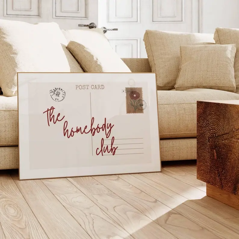 The Homebody Club, Vintage Postcard Poster, Trendy Wall Art, Horizontal Print, Retro Apartment Aesthetic