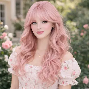 No Glue Synthetic Wig Candy Pink Soft Fiber Heat Resistant Glueless Natural Looking Loose Wave For Daily Wear