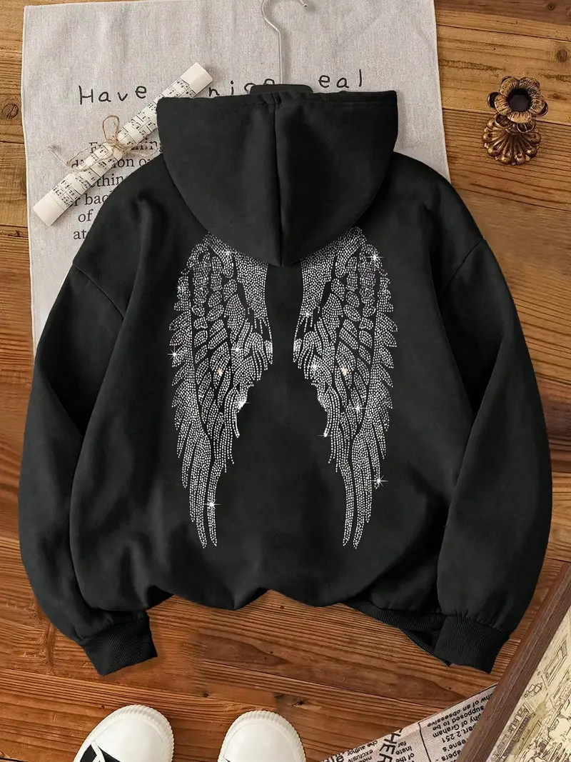 Hooded Sweatshirt with Rhinestone Wings Print, Street Style Fitted Long Sleeve, Soft Comfortable Fabric, All Seasons Wear
