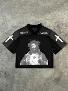 Unisex V Neck T-Shirt, Breathable Mesh Fabric, Jesus Print & Cross Graphic, Casual Streetwear Fashion, Perfect Gift for All Genders