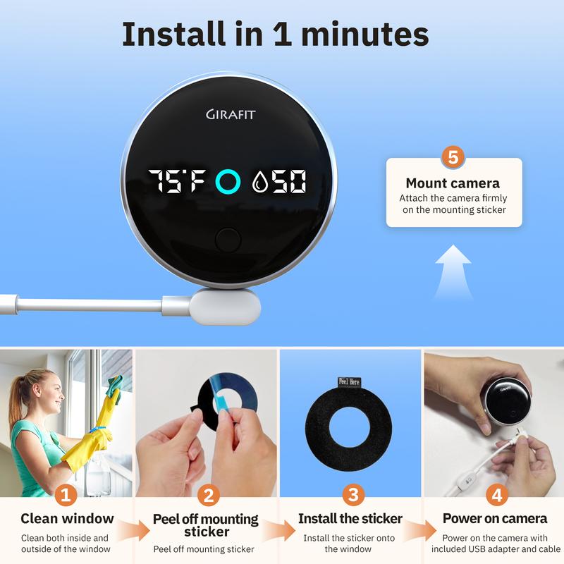 Girafit 5MP 3K Window Camera,2.4GHz & 5GHz Wi-Fi Indoor Security Camera with Thermometer and Hygrometer ChroMax Al Color Night Vision,Person & Motion Detection,24/7 Record