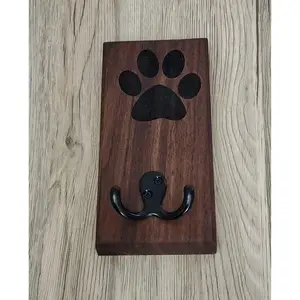 Walnut Wall Mount Dog Paw Leash Holder