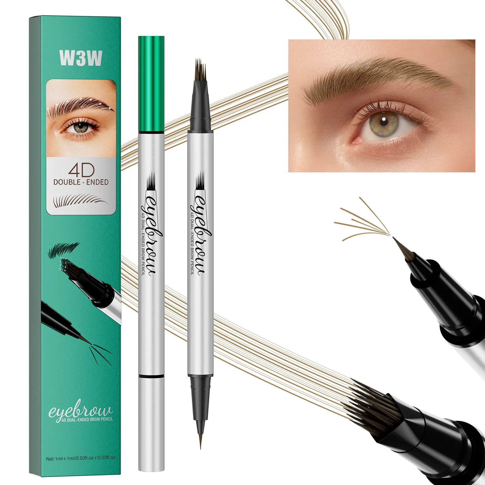 Waterproof 2-in-1 Dual Head 4D Eyebrow Pen - Micro Fork Tip + Fine Brush Tip, Fluffy Daily Youth Look, Skin-Friendly Smoothening, Long-Lasting Easy Filling Shaping Blending, Ideal for Beginners