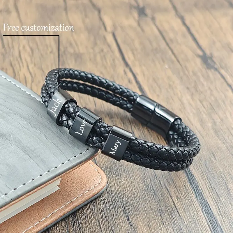 Customized Family Name Double Layer Stainless Steel Leather Bracelet Lock Bangle with Square Charm Men's Punk Jewelry Gifts