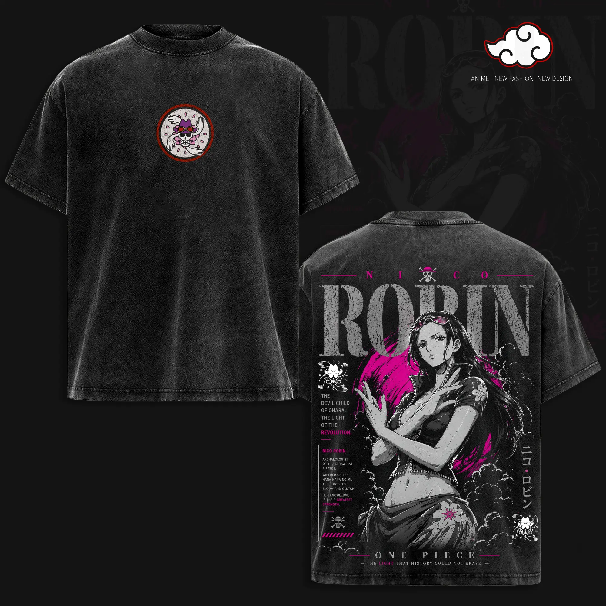 Nico Robin Vintage Washed T-Shirt One Piece Anime Graphic Tee Oversized Streetwear Shirt Manga Fan Gift Unisex Clothing