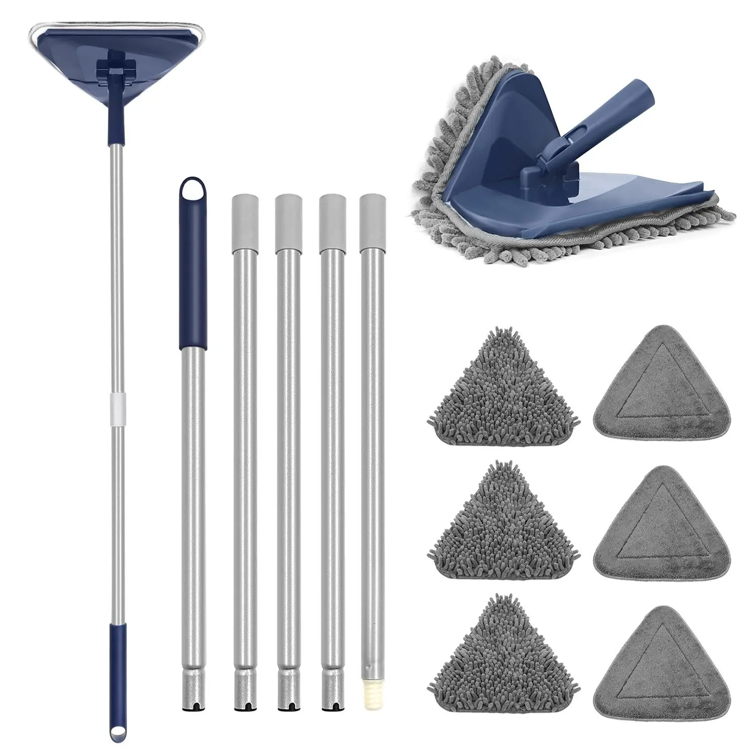 Foldable Mop Set with Long Handle, Triangular Mop, Replacement Rods, Pads & Heads, Efficient Cleaning for Kitchen Bathroom, Easy Home Cleaning Tool