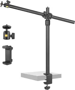 Camera Desk Mount Webcam Stand with Overhead Articulating Magic Boom Arm 1/4" Ball  for DSLR Tripod, Adjustable Light Stand, Tabletop C Clamp for Ring Light Photo Video  Live Streaming