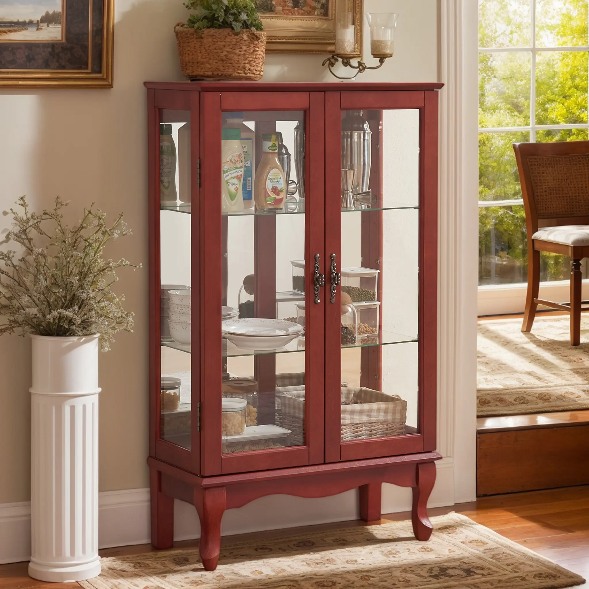 Eyisean 44" Lighted Curio Cabinet, Light Blub Included, 3-Tier Glass Display Cabinet with Glass Doors & Adjustable Shelves, Mirrored Back Panel, Weight Capacity 75 LBS, Vintage China Cabinet for Living Room, Apartment, Kitchen