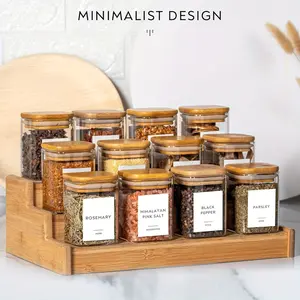 7oz 12 Pcs Glass Spice Jars Set With Natural Bamboo Lids - Airtight, Square Jars With Waterproof Sticker Labels - For Storing Spices, Salt, Sugar - Kitchen Organization - Perfect Gift for Home Cooks & Foodies
