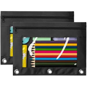Pencil Pouch for 3 Ring Binder, 2 Pack 3-Holes Zipper Pencil Pouches, Sturdy and Durable Cloth Pencil Case with Clear Window for Office School College Supplies