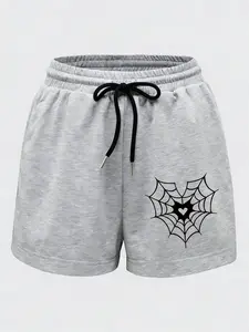 Heather Grey Spider Web Heart Graphic Sweat Shorts for Women, Soft Cotton Blend Drawstring Lounge Shorts, Adjustable Drawstring Waist, E-Girl Gothic Streetwear, Squat Proof Athletic Shorts for Gym Workout, Casual Daily Wear, Y2K Aesthetic Outfit