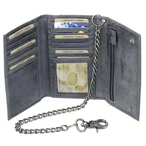 Vintage Black Long Chain Wallet Organizer #WC543750K - Cow Hide Leather with 19 Pockets, 15 Card Slots, Zippered Pocket, 12" Removable Chain, 3.5" x 7" Closed