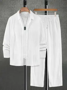 Men's White Textured Wavy Stripe Home Loungewear 2-Piece Set, Pajama Set, Pyjamas - Long-Sleeve Lapel Button-Down Shirt + Elastic Drawstring Waist Pants, Lightweight Fabric, Relaxed Minimalist Style, Year-Round Lounging, At-Home Relaxation