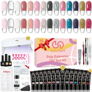 Long-lasting Poly Gel Nail Art Kit, 1 Set 14 Colors Glitter Poly Nail Polish Gel Kit with UV LED Nail Lamp & Nail Brush, Professional Nail Art Kit for Beginners, Nail Supplies, Nail Extensions