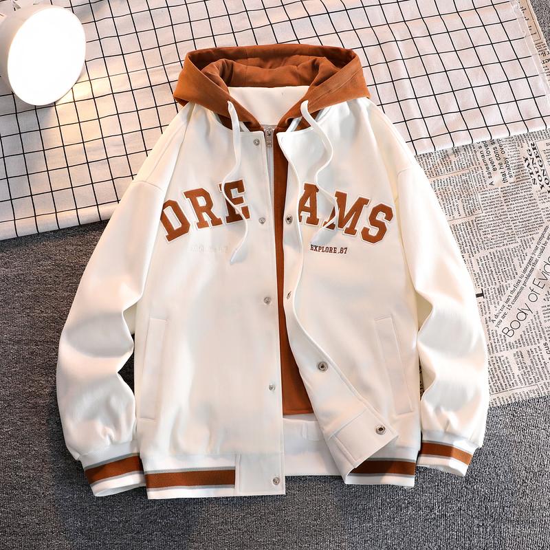 A hooded letter jacket, featuring a casual and simple style. The hooded design is sleek and elegant, while the overall design is practical and versatile. The letter embroidery adds a touch of sophistication, and the striped accent at the cuffs completes t