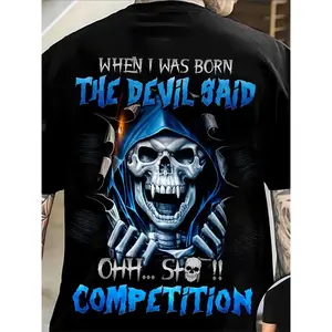 Men's 3D Skull Pattern T-Shirt- "When I Was Born, the Devil Baid" Print, Comfortable Polyester Blend, Short Sleeve Pullover, Casual Crew Neck, Summer Outdoor Wear, Plus SizeShirts Women  country concert outfits