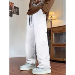 Men's White Wide-Leg Cargo Pants - Elastic Waist, Black Drawstring, Relaxed Loose Fit, Alphabet Print, Breathable Fabric, Pocketed Menswear Casual Trousers for Streetwear, Everyday Wear
