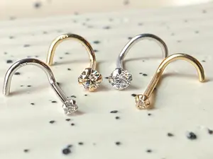 14kt White or Yellow Gold Clear Gem Nose Screw, 18 gauge (18g) or 20 gauge (20g)