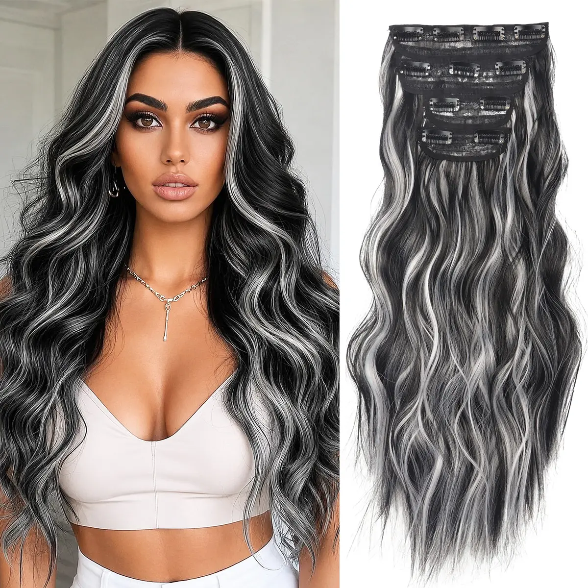 Black Mixed White Wavy Clip in Hairpiece - 20 Inch Long Wavy Clip in Hair Extensions for Women Girls 4PCS Soft Synthetic Natural Looking Black Curly Hairpieces Easy Wear for Daily Party