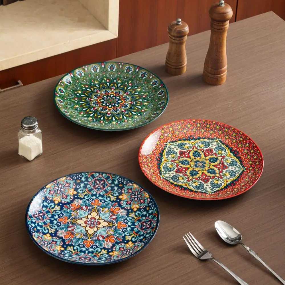 Boho Style Ceramic Dessert Plate, 3 Counts/set Creative Round Salad Plate, Salad Serving Plates, Exquisite Tableware for Home Kitchen Dining Room, Dinnerware