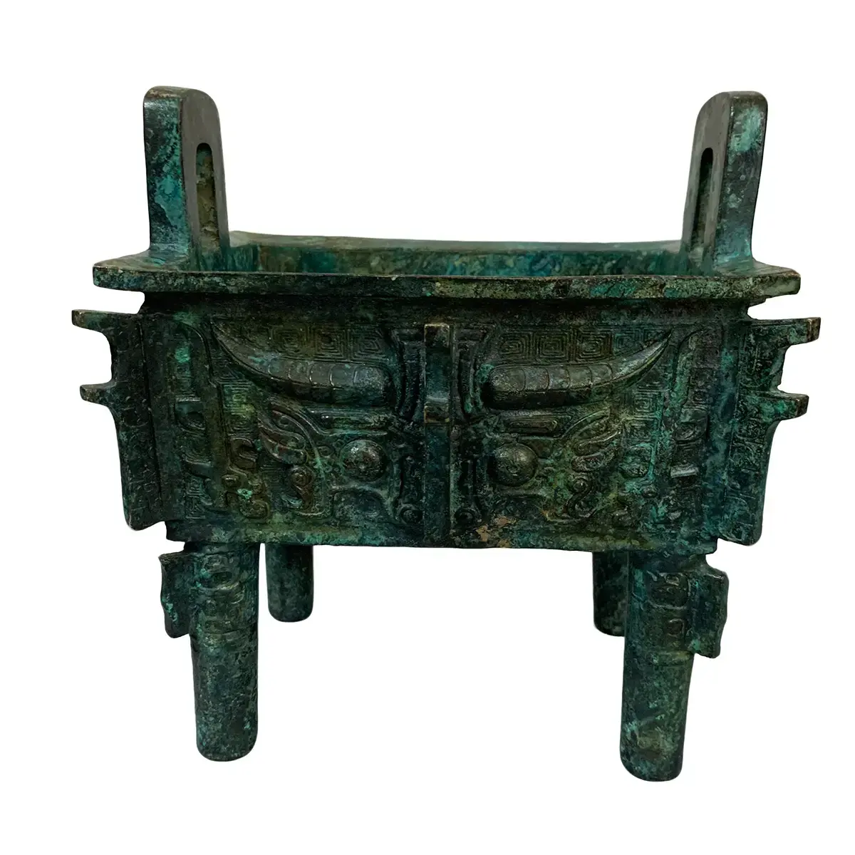 Square Beast Mask Bronze Ding Ornament, Oriental Antique Style Table Decor