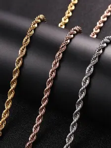 Men's Hip Hop Solid Color Stainless Steel 3mm Twisted Daily Wear Necklace, Vacuum Plated Durable Chain Jewelry for Casual Style