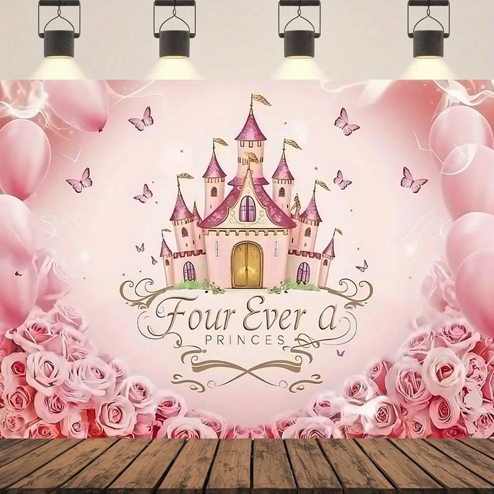 1pc 2D Flat Print Banner Pink Princess Birthday Backdrop, Magical Castle Party Decorations, Fairy Tale Theme Background for Girls Birthday Celebration, Photography Backdrop