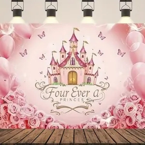 1pc 2D Flat "Four Ever a Princess" Party Banner - Whimsical Castle & Pink Roses Design, Durable Polyester Photo Prop for Home, Room, Wall Decor - Ideal for Birthday Celebrations & Gifts, P White