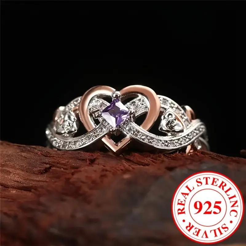 Elegant 925 Sterling Silver Infinity Heart Ring With Purple zirconia Anniversary Engagement Wedding Band, 0.1oz Ring Gift