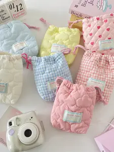 Cute Quilted Camera Storage Bag, Ccd Instant Film Pouch, Lipstick Cushion Eyebrow Pen Makeup Organizer, Handheld Cosmetic Pouch, Cosmetics Organizer, Soft Color & Plaid Pattern