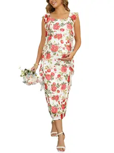 INSPIRE CHIC Women's Maternity Wedding Guest Dress Mesh Sleeveless Flowy Baby Shower Maxi Bodycon Pregnancy Dresses