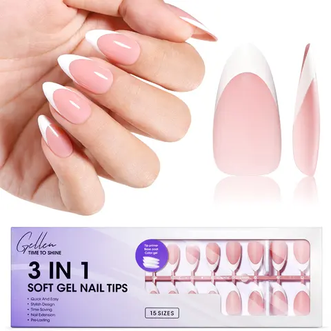 Gellen Fake Press-On Artificial Nails - Soft Almond Classic Pink French Nail Art Decorative Supplies, 150 Pcs, 15 Sizes (No Glue Included)