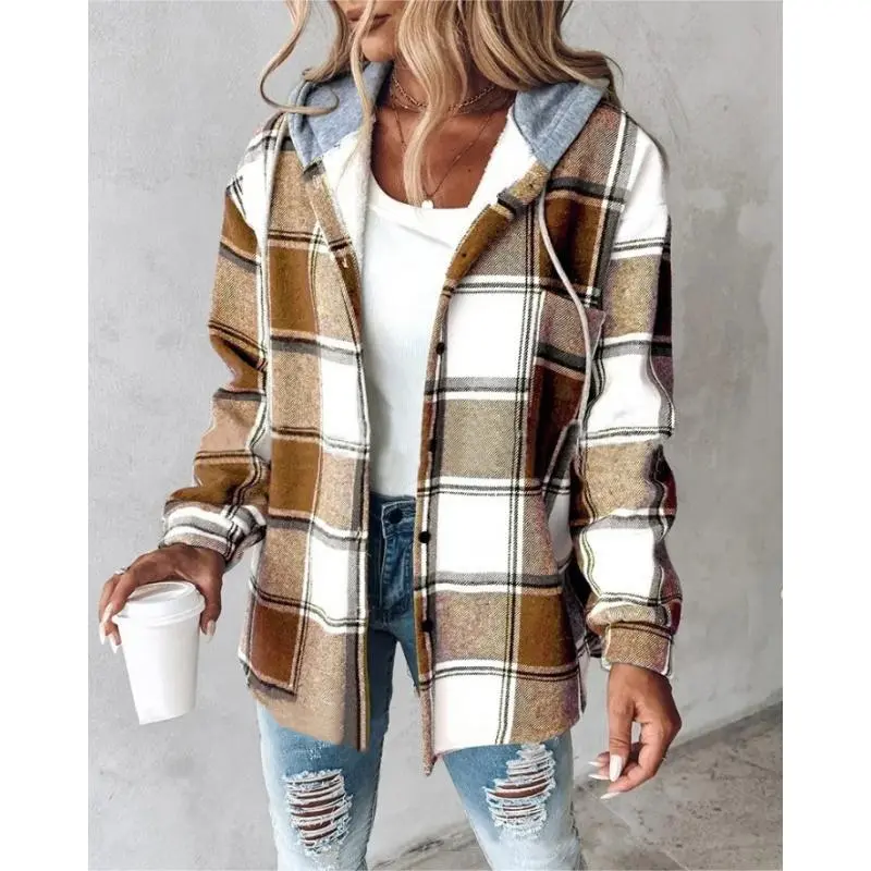 Women's Plaid Flannel Shacket, Hooded Button-Down Long Sleeve Jacket, Thick Casual Winter Coat with Warm Fuzzy Fleece Lining, Light, Longsleeves