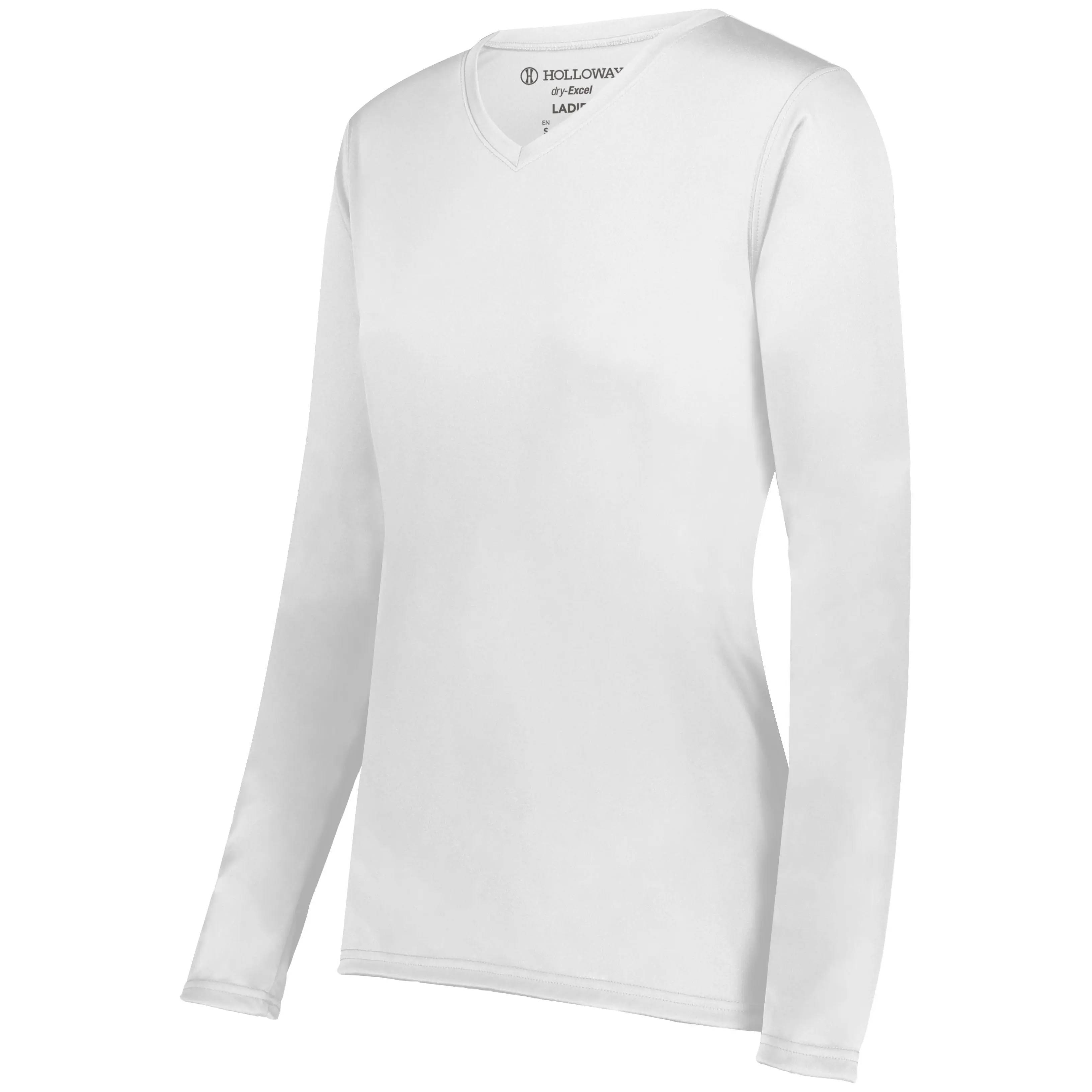 Women's Fitted V-Neck Long Sleeve Performance T-Shirt - Polyester Interlock Knit, UPF 45+ Sun Protection, Moisture Wicking, Odor Resistant, Smooth, Tag-Free, Set-In Sleeves, Plain, Color Secure® Technology